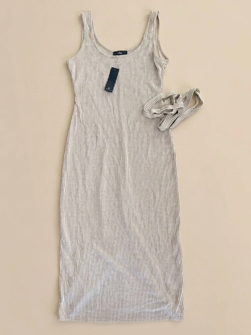 Lulu's Summer Perfection Taupe & Ivory Striped Ribbed Midi Dress - L